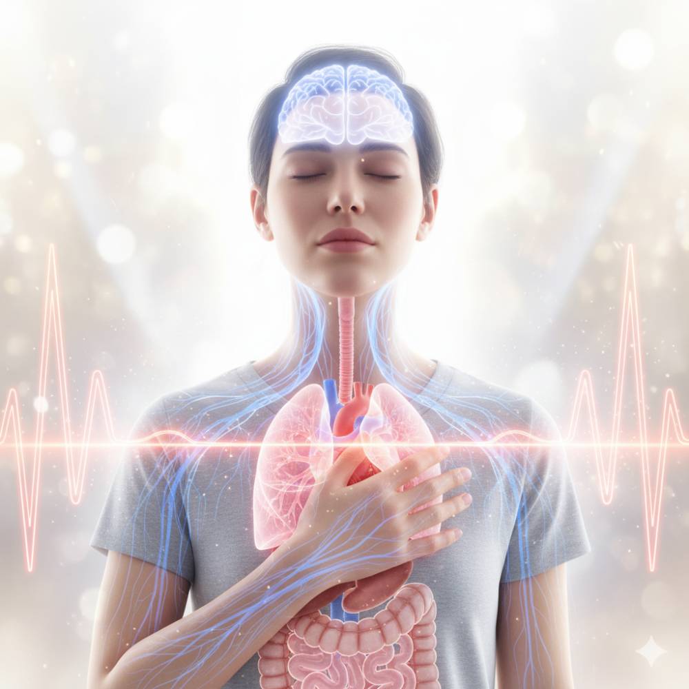 Personne pratiquant la cohérence cardiaque pour calmer et réguler le système nerveux, réduisant le stress et favorisant l’équilibre émotionnel.
